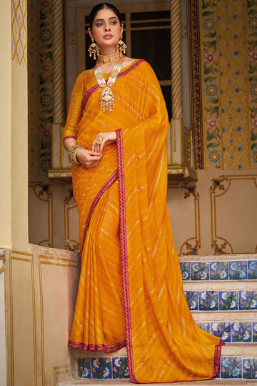 Mustard Yellow Printed Georgette Casual Wear Saree