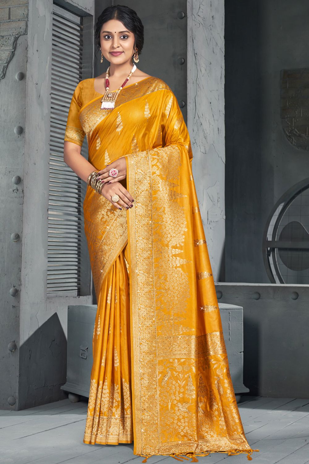 Mustard Yellow Silk Woven Work Saree