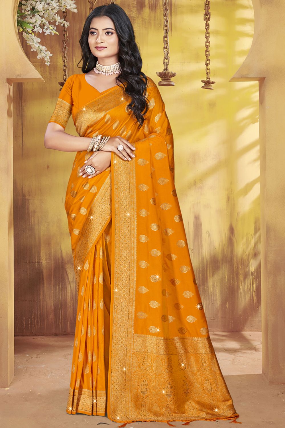 Mustard Yellow Silk Woven Work Saree