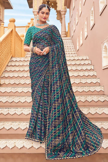 Navy Blue Bandhani Print Georgette Chiffon Saree for Party