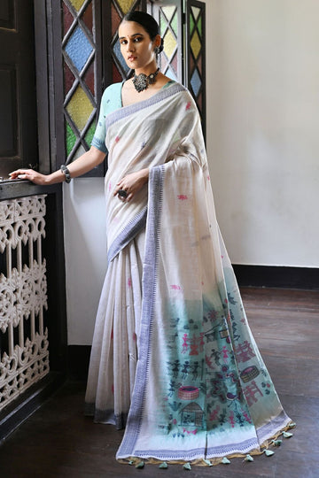 Ivory Cotton Ikkat Woven Party Wear Saree