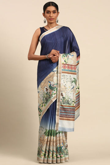 Navy Blue Printed Cotton Saree