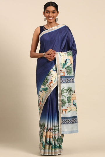 Navy Blue Printed Cotton Saree