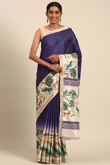 Navy Blue Printed Cotton Saree