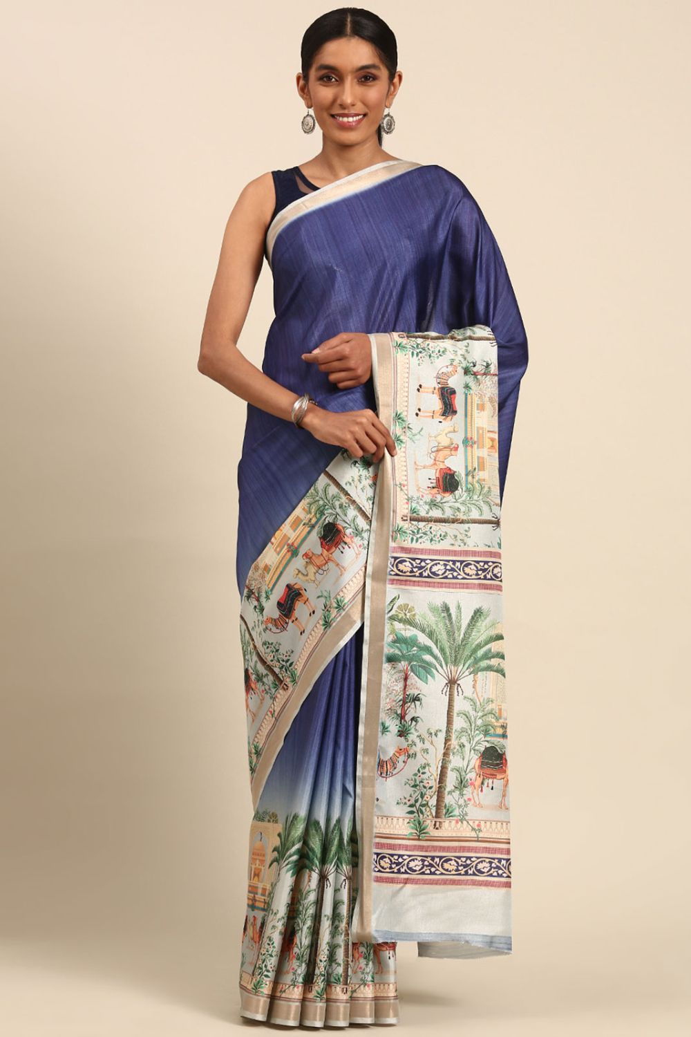 Navy Blue Printed Cotton Saree