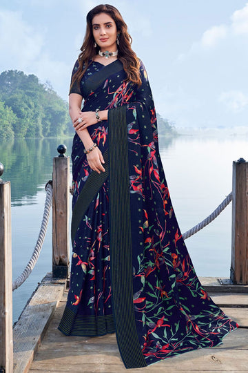 Navy Blue Printed Casual Wear Chiffon Saree