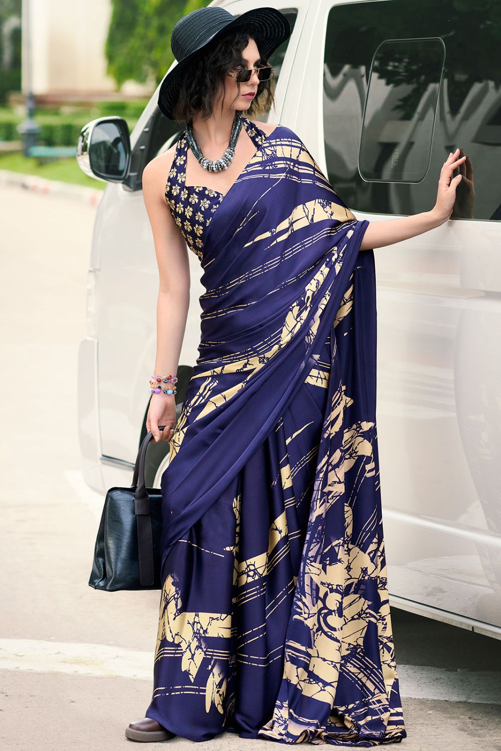 Navy Blue Digital Print Satin Saree