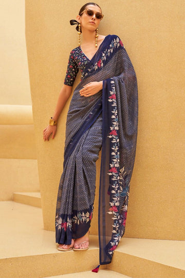 Navy Blue Georgette Saree with Floral Print