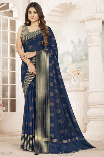 Navy Blue Chiffon Saree with Foil Print