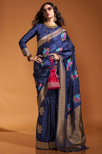 Navy Blue Handloom Weaving Satin Silk Designer Saree