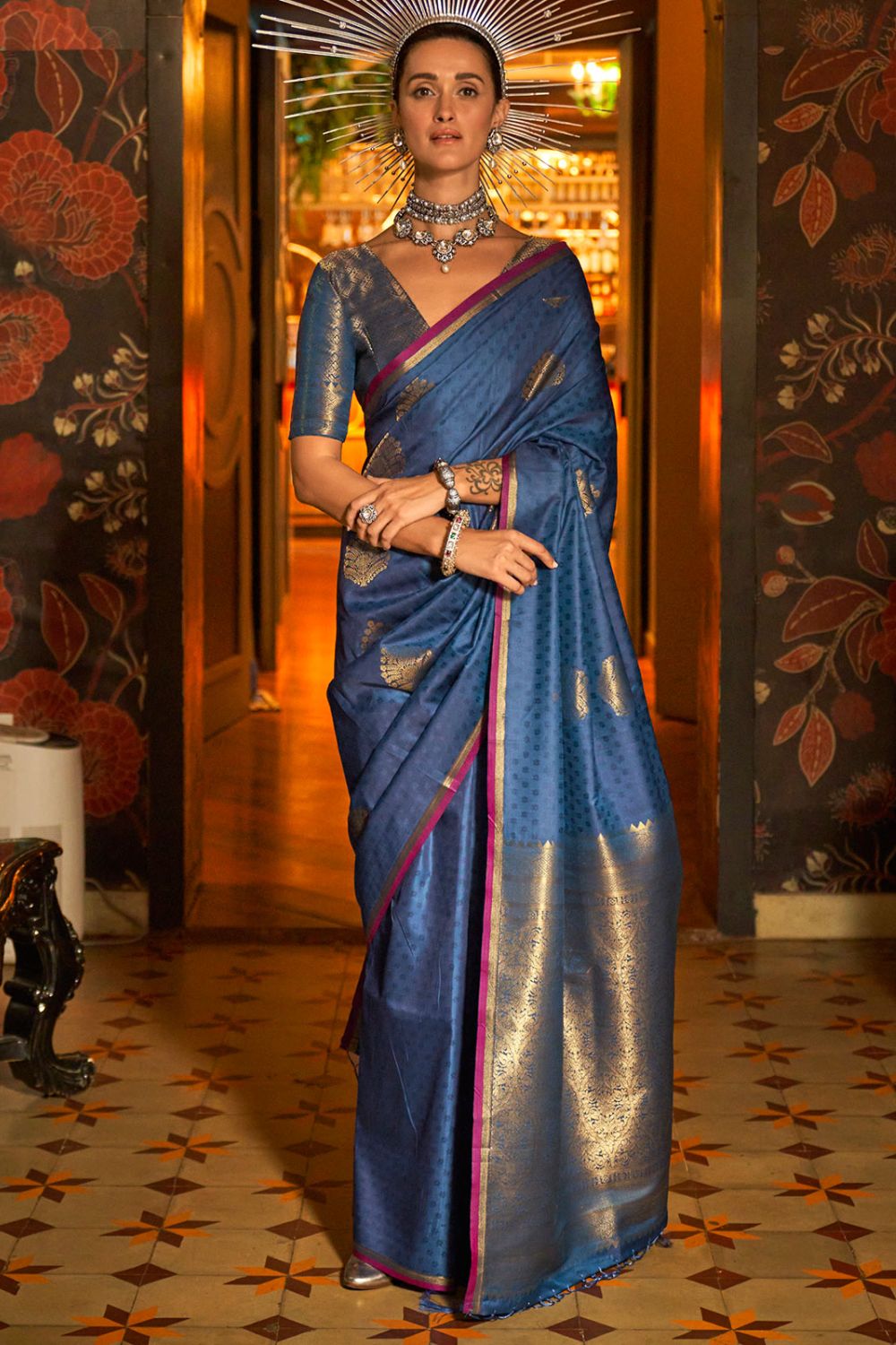 Navy Blue Handloom Weaving Silk Saree for Party