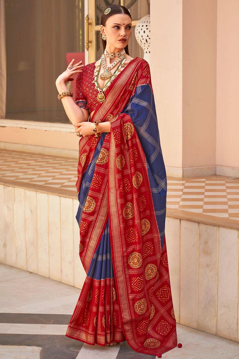 Navy Blue Foil Print Patola Design Silk Saree