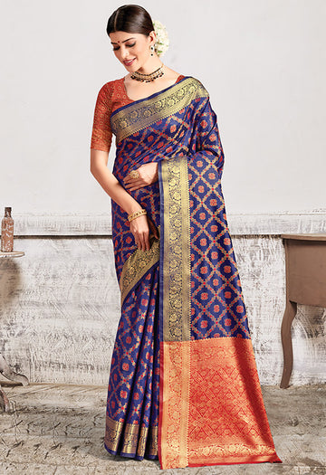 Navy Blue Patola Silk Party Wear Saree with Contrast Blouse