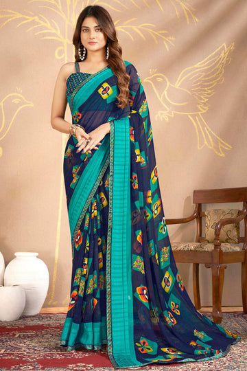 Navy Blue Printed Georgette Casual Wear Saree