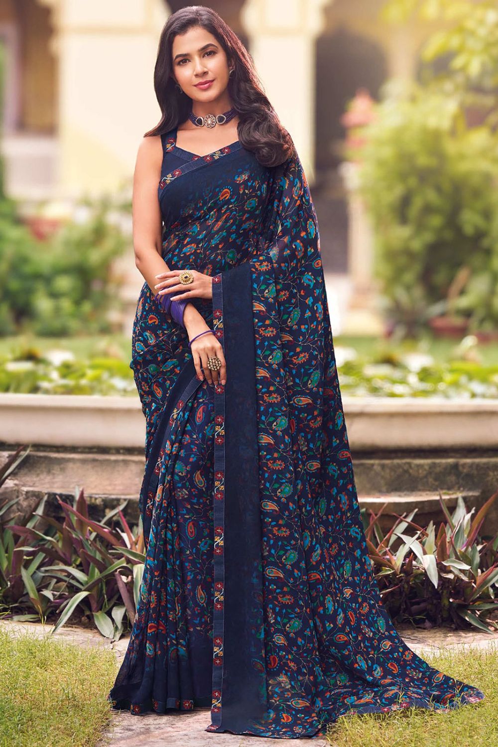 Navy Blue Printed Georgette Casual Wear Saree