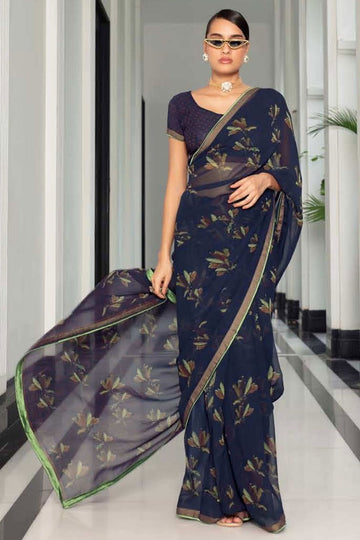 Navy Blue Printed Georgette Casual Wear Saree