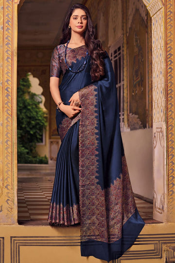 Navy Blue Printed Chiffon Saree