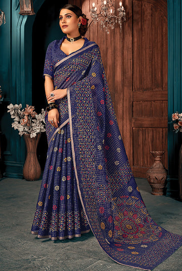 Navy Blue Printed Cotton Casual Wear Saree