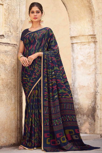 Navy Blue Printed Crepe Satin Saree for Festival