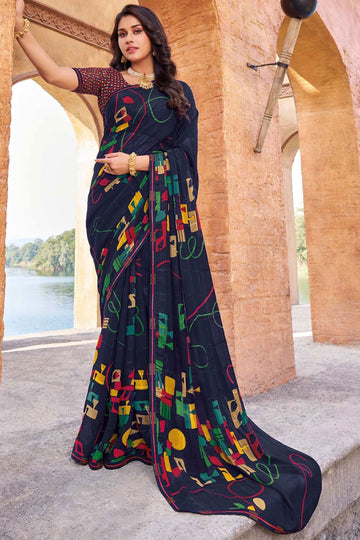 Navy Blue Printed Georgette Casual Saree