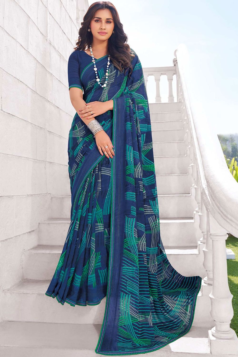 Navy Blue Printed Georgette Casual Saree