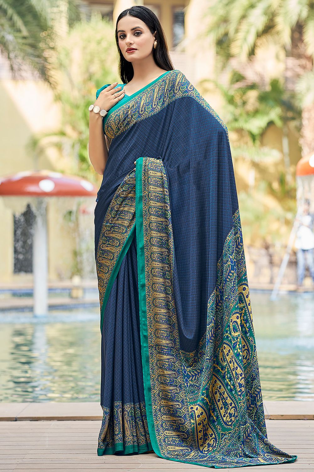 Navy Blue Printed Silk Crepe Saree for Party