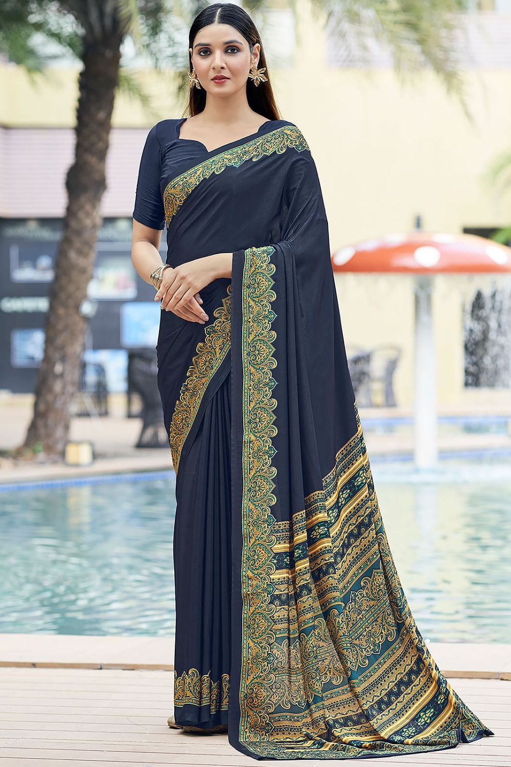 Navy Blue Printed Silk Crepe Saree for Party