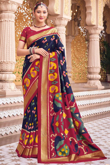 Navy Blue Silk Printed Saree