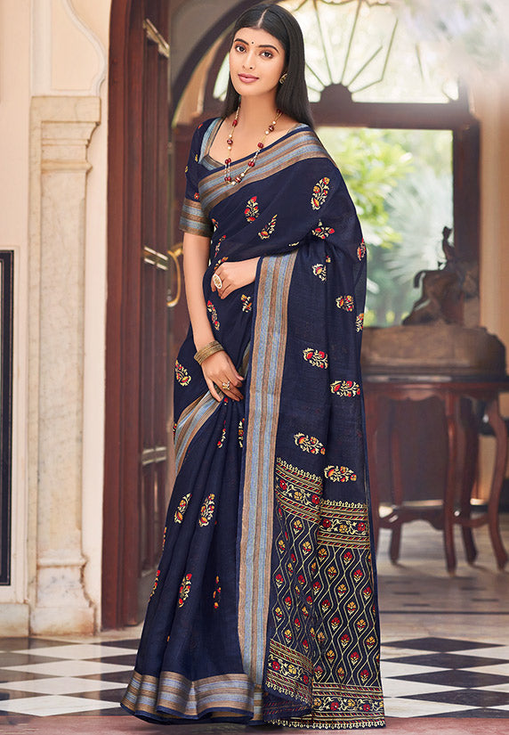 Navy Blue Chanderi Printed Saree for Festival