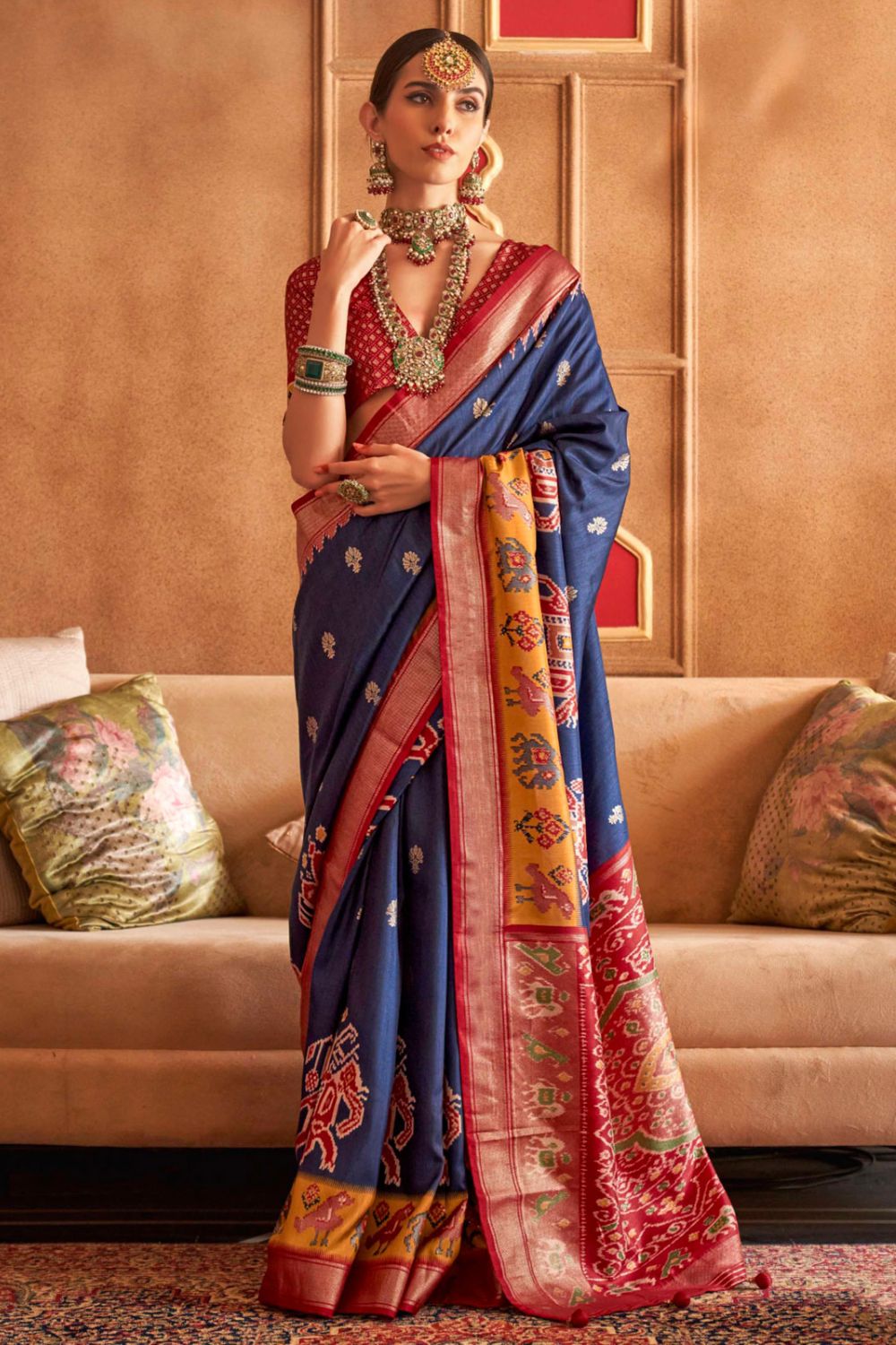 Navy Blue Sambalpuri Print Silk Saree