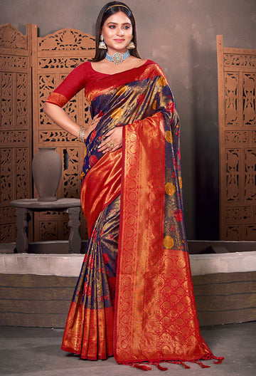 Navy Blue Woven Kanjivaram Silk Saree for Festival