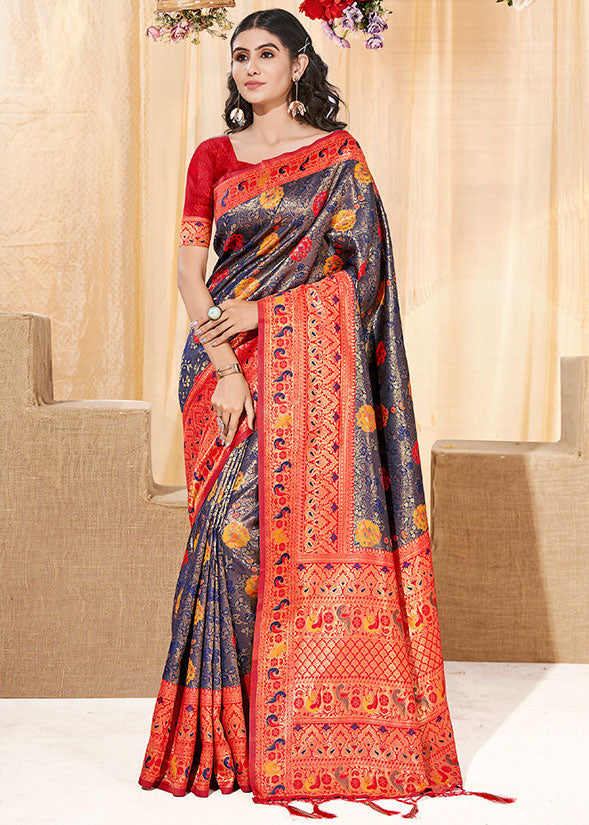 Navy Blue Woven Kanjivaram Silk Saree for Festival for Festival