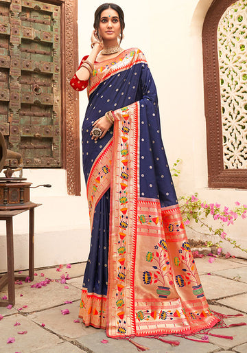 Navy Blue Woven Paithani Silk Saree for Festival