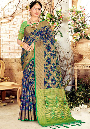 Navy Blue Woven Silk Saree for Party