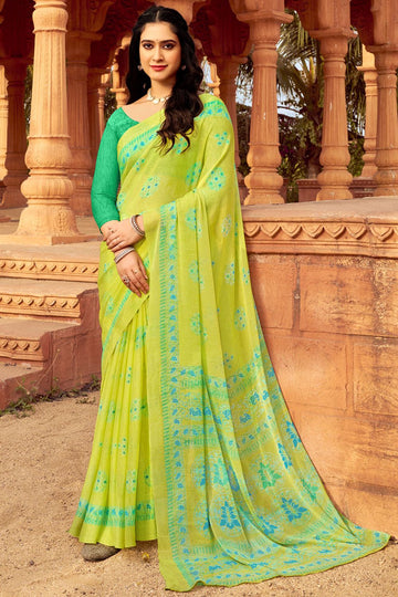 Neon Green Digital Printed Chiffon Casual Wear Saree