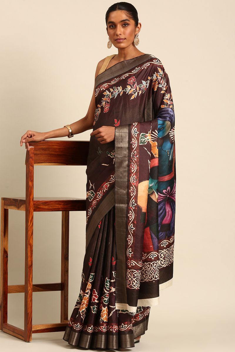 Oak Brown Cotton Digital Print Saree