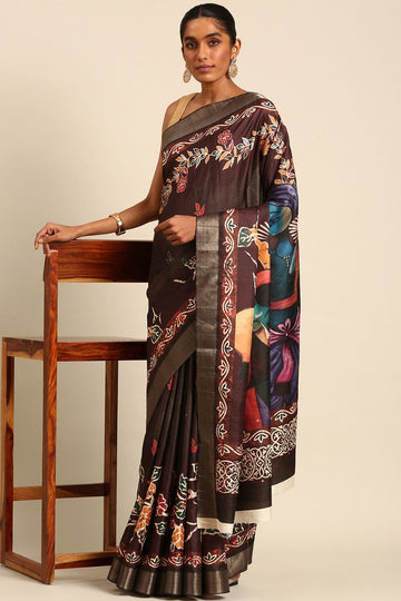 Oak Brown Digital Print Work Cotton Saree