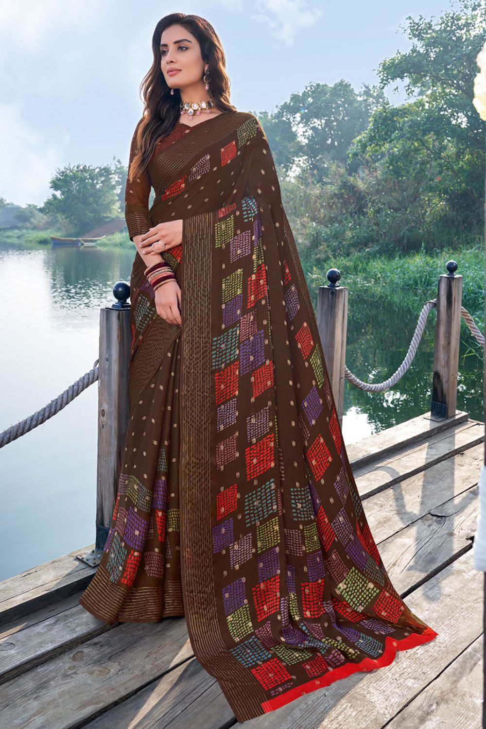 Oak Brown Printed Casual Wear Chiffon Saree