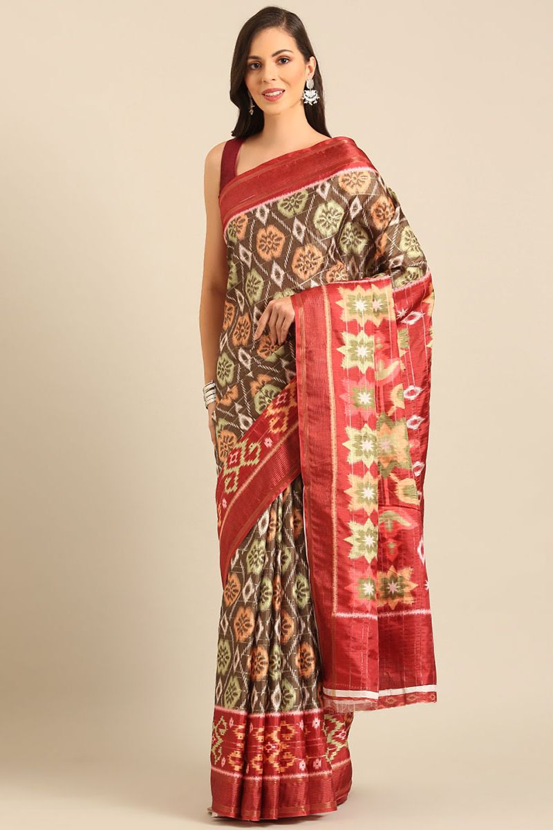 Oak Brown Patola Print Cotton Saree