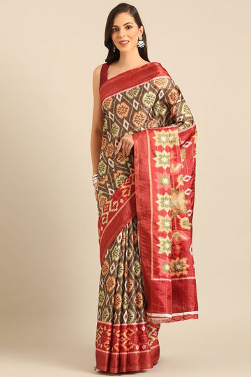 Oak Brown Cotton Patola Print Saree