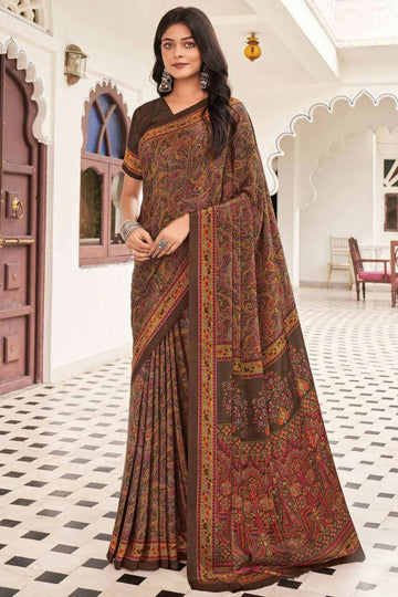 Oak Brown Crepe Casual Wear Saree