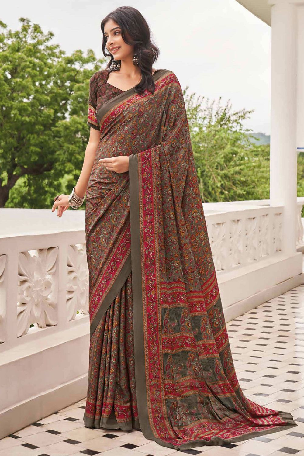 Oak Brown Crepe Casual Wear Saree