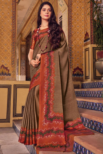 Oak Brown Printed Chiffon Saree