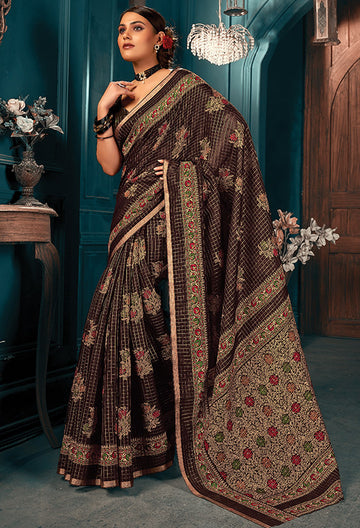 Oak Brown Printed Cotton Casual Wear Saree