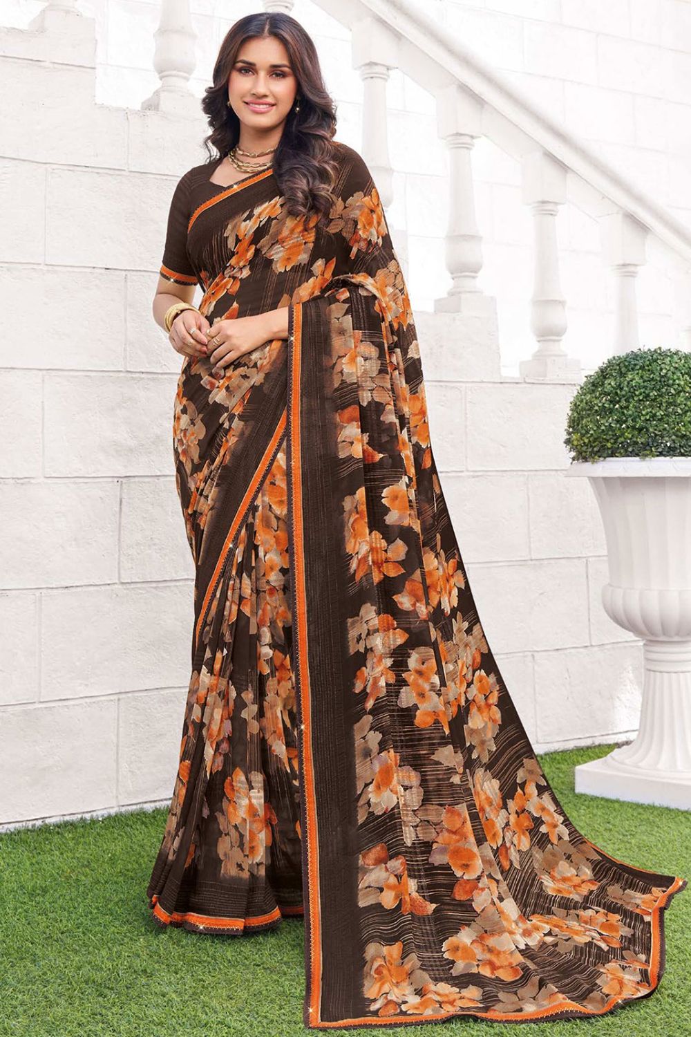 Oak Brown Printed Georgette Casual Saree