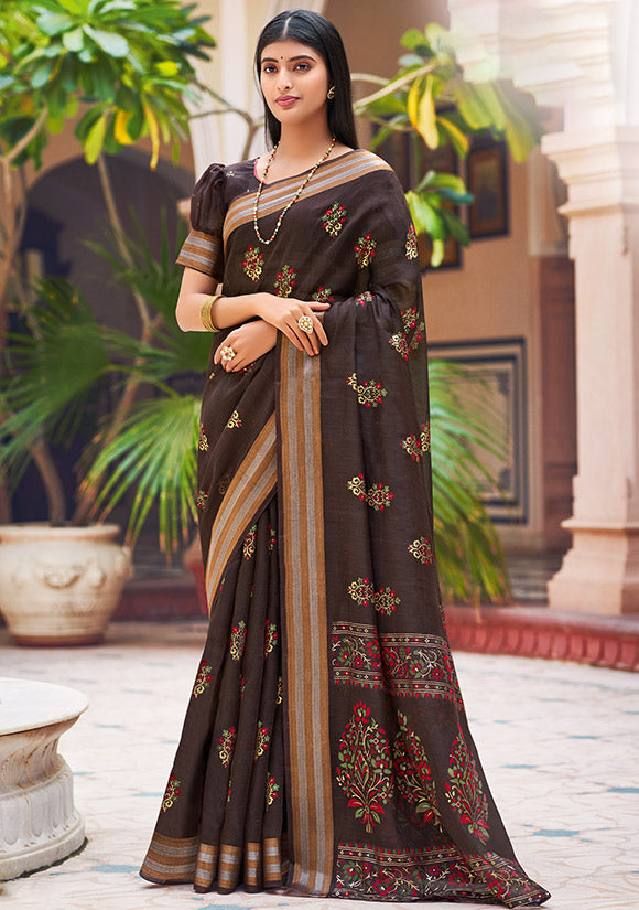 Oak Brown Chanderi Printed Saree for Festival