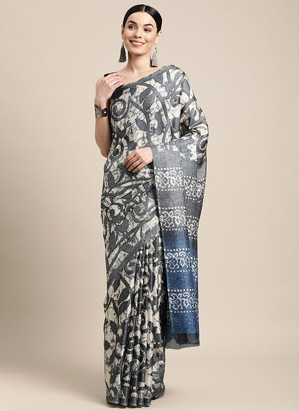 Off White and Grey Casual Wear Printed Kota Cotton Saree