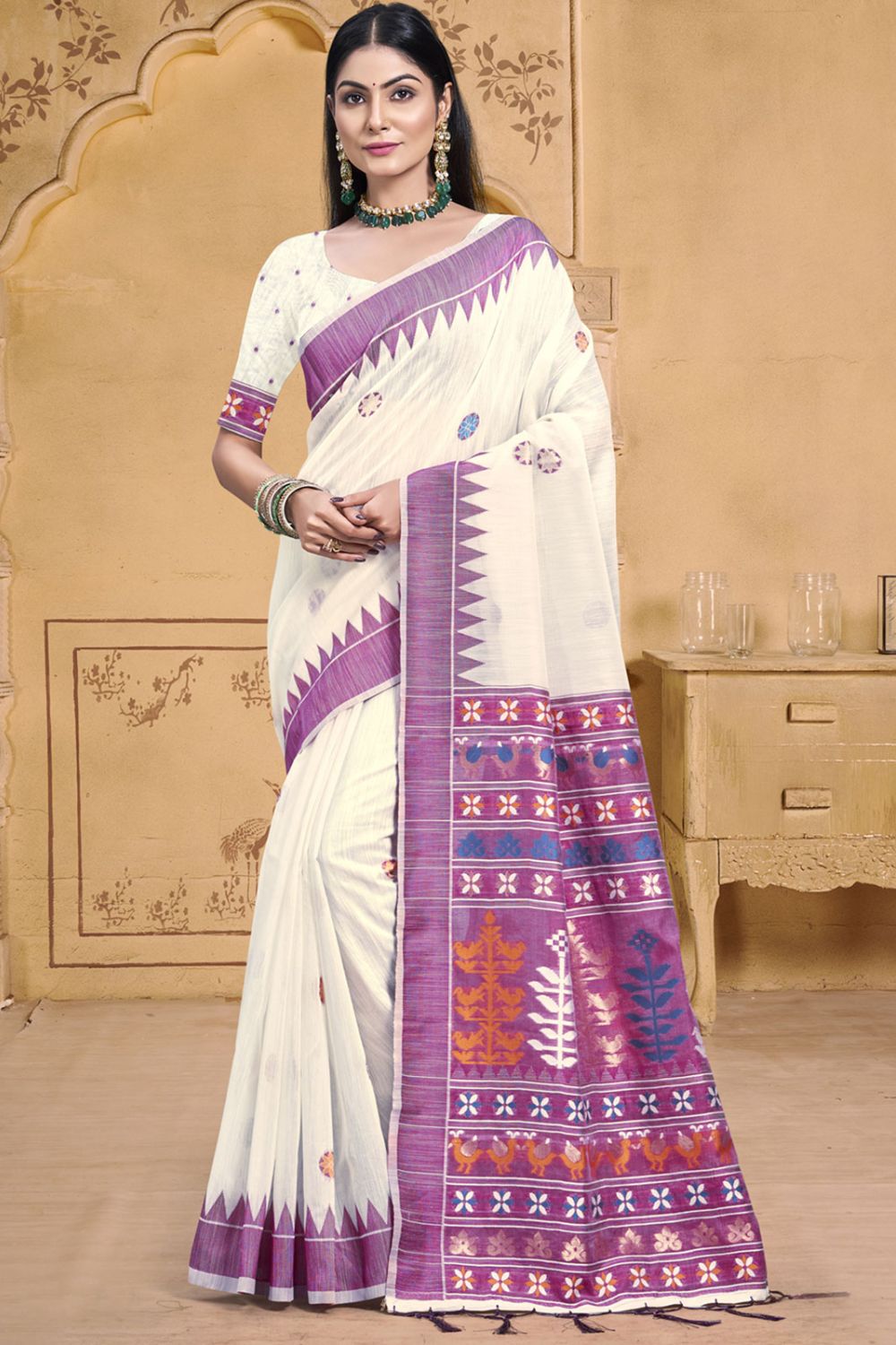 Off White Cotton Ptinted Saree