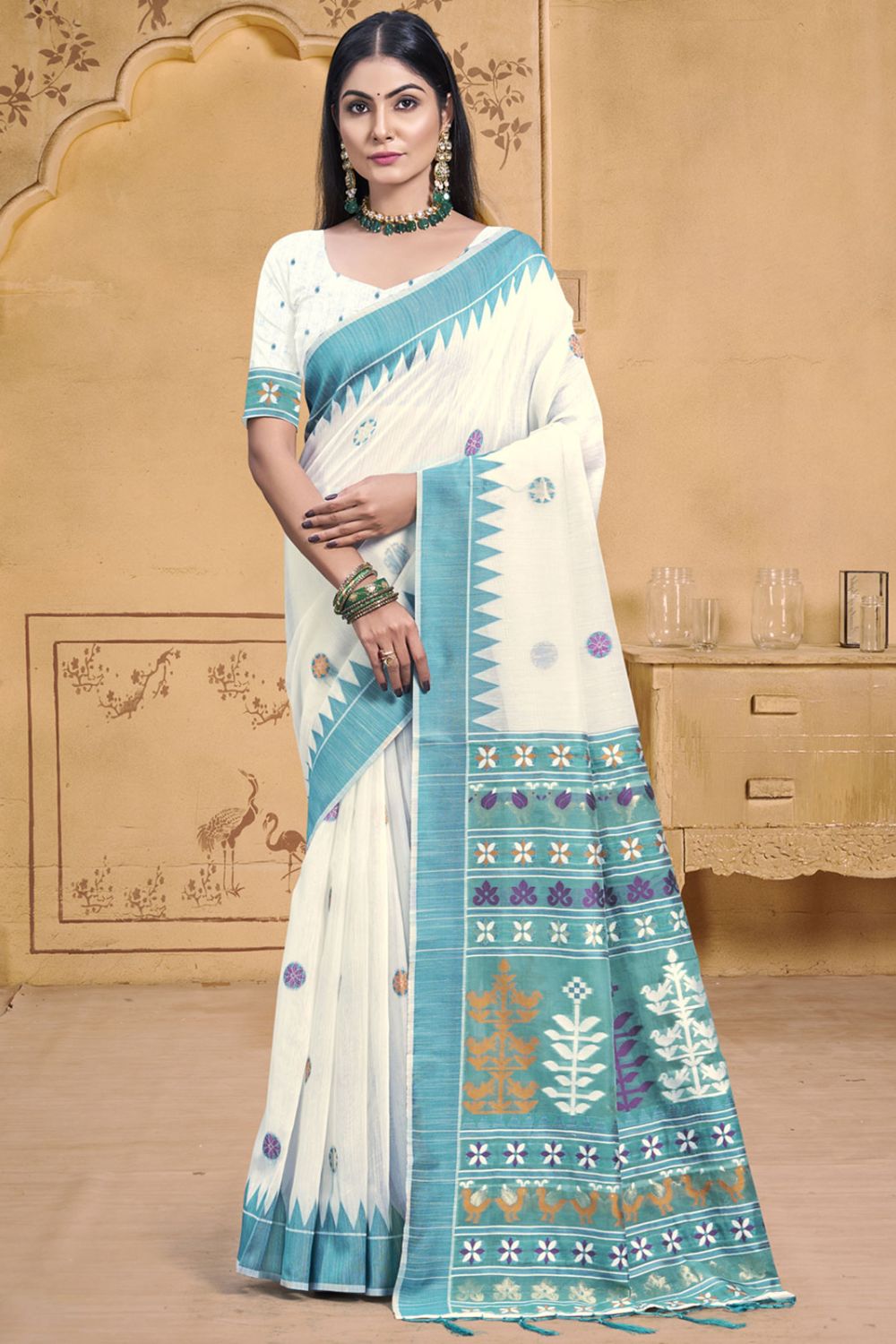 Off White Cotton Ptinted Saree