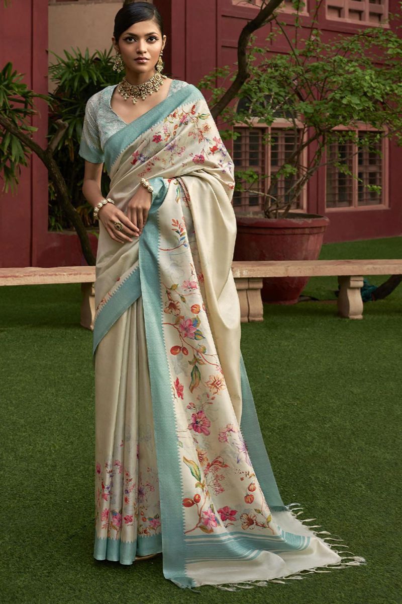 Off White Art Silk Printed Saree for Party